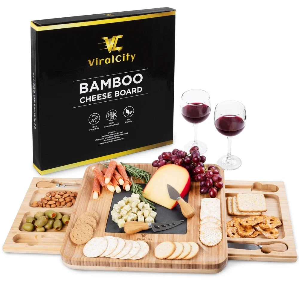 ViralCity Bamboo Cheese Board Set with Slate Insert and Slide Out Drawers New